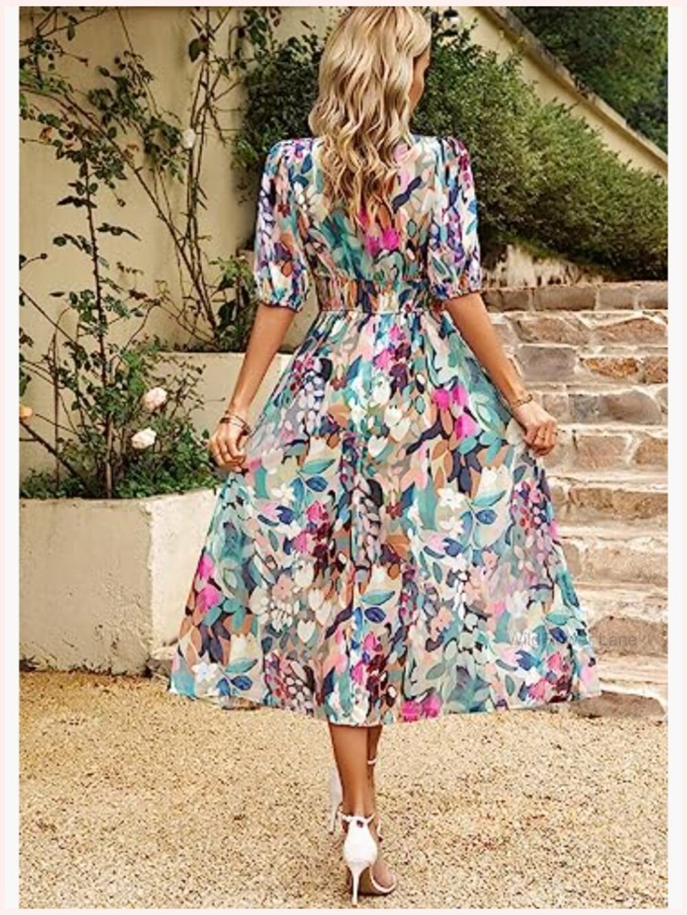 Boho Midi Dress V-Neck Puff Sleeve Flowy Beach Party Tropical Vacation - Picture 6 of 6